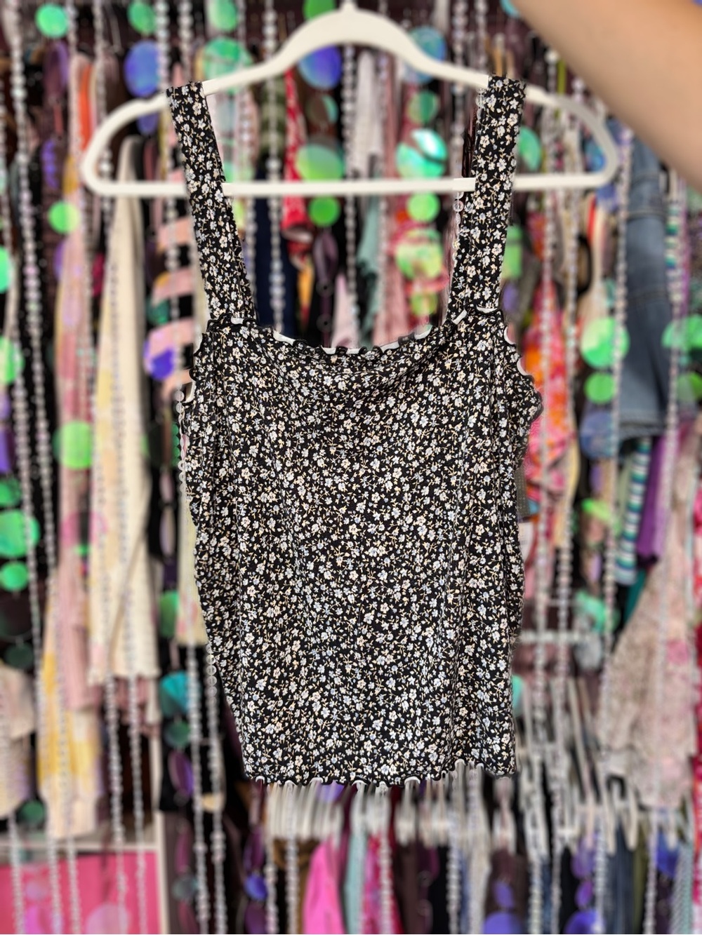 90s Style Black Floral Tank Top with Light Blue Detailing